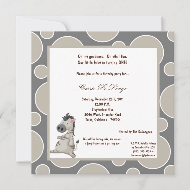 5x7 Zebra Pok-a-Dot Birthday Party Invite (Front)