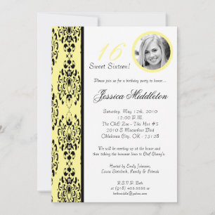 5x7Light Yellow Damask 16 Birthday Party Invtation Invitation