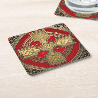 [600] Ancient Celtic Sacred Gold Knot Cross Square Paper Coaster