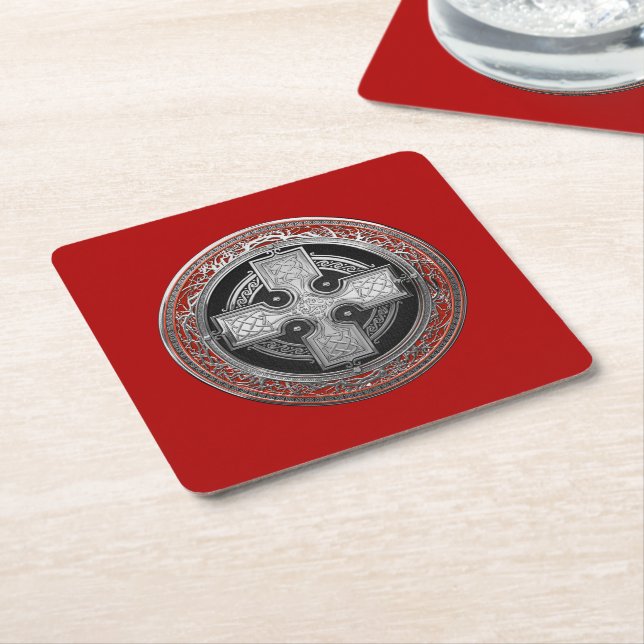 [600] Ancient Celtic Sacred Silver Knot Cross Square Paper Coaster (Angled)