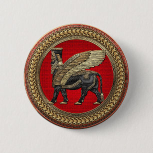 [600] Assyrian Winged Bull: Gold and Black Lamassu 6 Cm Round Badge