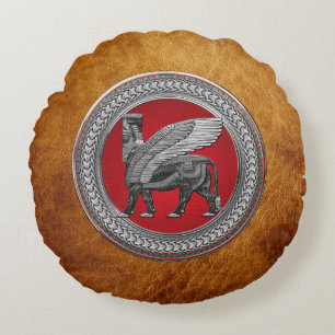 [600] Assyrian Winged Bull: Silver & Black Lamassu Round Cushion