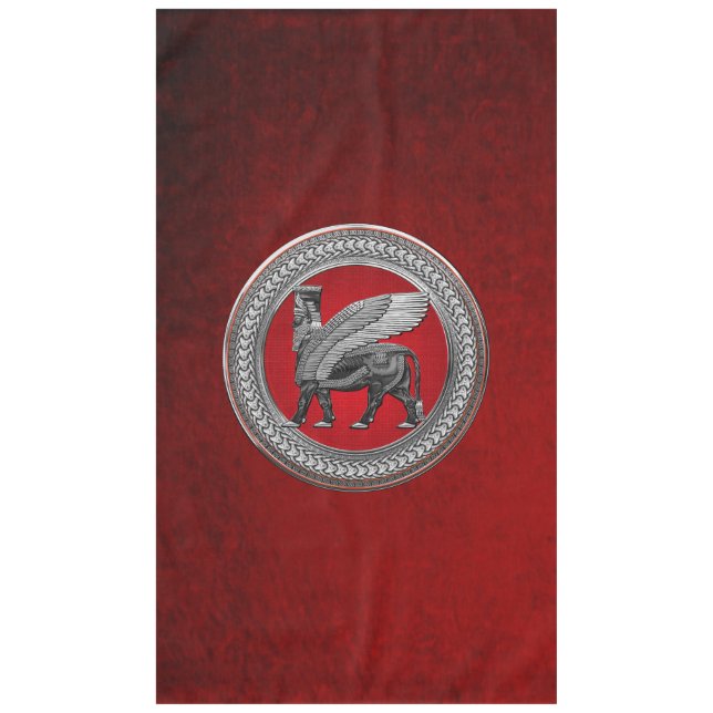 [600] Assyrian Winged Bull: Silver & Black Lamassu Tablecloth (Front)