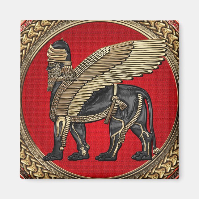 [600] Assyrian Winged Lion: Gold & Black Lamassu Magnet (Front)