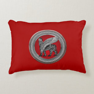 [600] Assyrian Winged Lion: Silver & Black Lamassu Decorative Cushion
