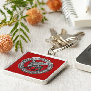 [600] Assyrian Winged Lion: Silver & Black Lamassu Key Ring
