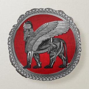 [600] Assyrian Winged Lion: Silver & Black Lamassu Round Cushion