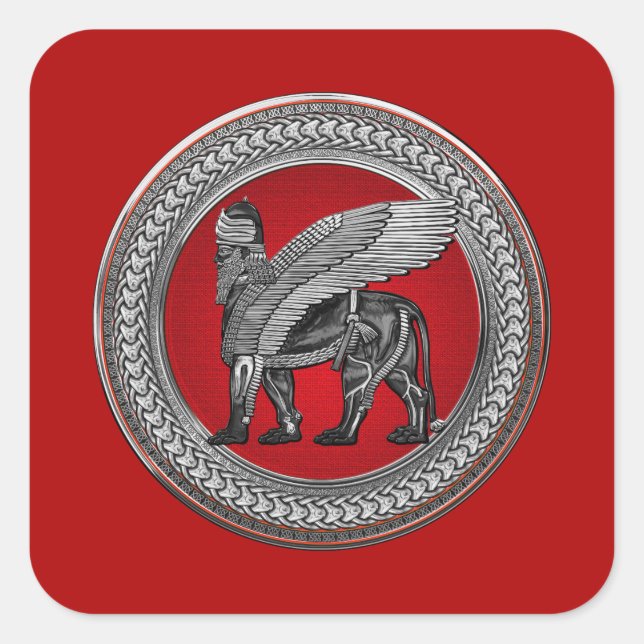 [600] Assyrian Winged Lion: Silver & Black Lamassu Square Sticker (Front)