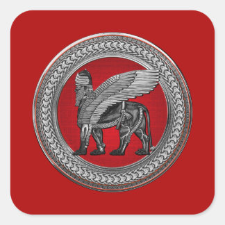 [600] Assyrian Winged Lion: Silver & Black Lamassu Square Sticker