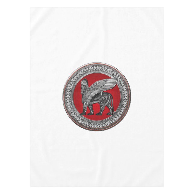 [600] Assyrian Winged Lion: Silver & Black Lamassu Tablecloth (Front)