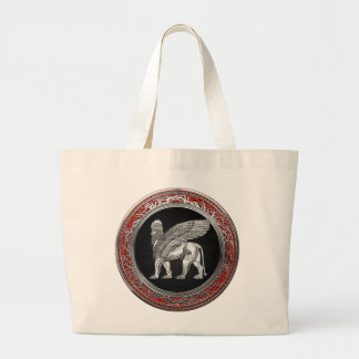 [600] Assyrian Winged Lion - Silver Lamassu Large Tote Bag