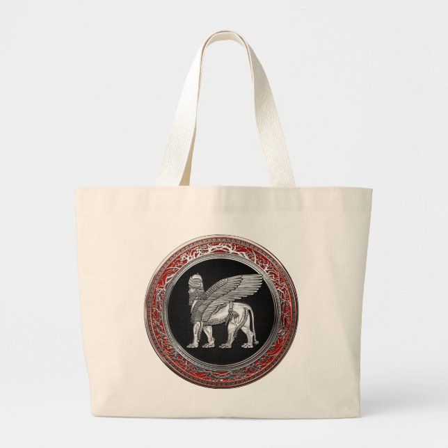 [600] Assyrian Winged Lion - Silver Lamassu Large Tote Bag (Front)