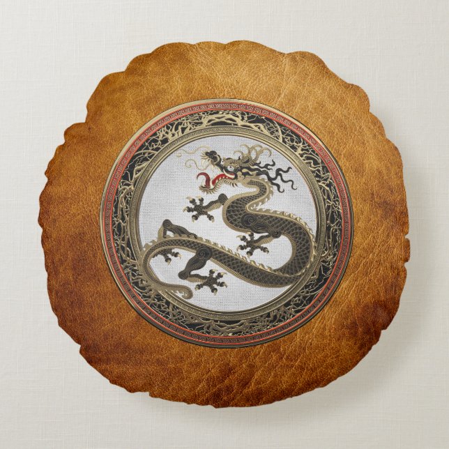 [600] Black and Gold Sacred Eastern Dragon Round Cushion (Front)