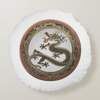 [600] Black and Gold Sacred Eastern Dragon Round Cushion