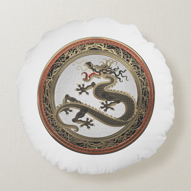 [600] Black and Gold Sacred Eastern Dragon Round Cushion (Back)