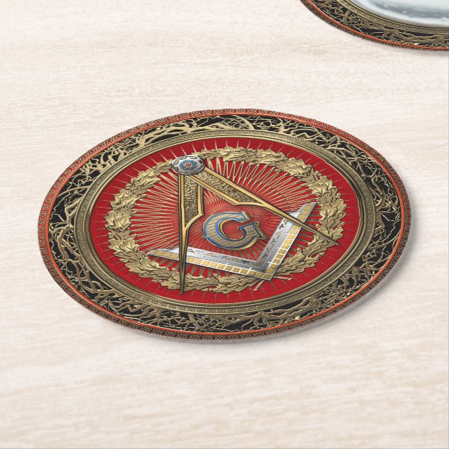 [600] Master Mason - Gold Square & Compasses Round Paper Coaster (Angled)