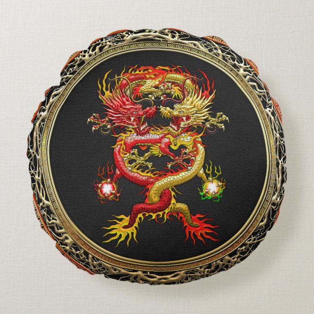 [600] Red and Yellow Dragons Round Cushion (Front)