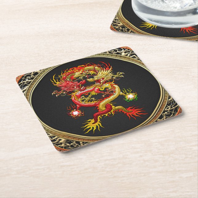 [600] Red and Yellow Dragons Square Paper Coaster (Angled)