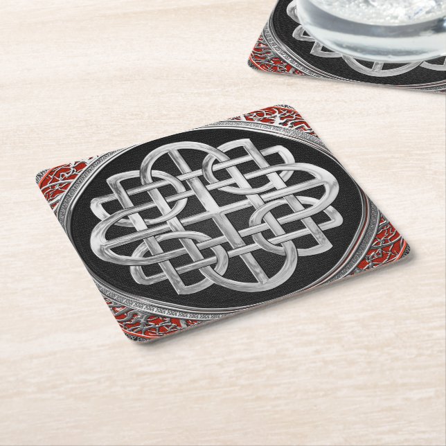 [600] Sacred Celtic Silver Knot Cross Square Paper Coaster (Angled)