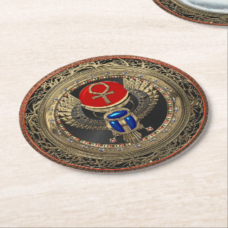 [600] Sacred Gold Egyptian Winged Scarab with Ankh Round Paper Coaster
