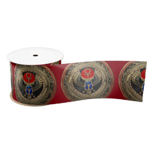 [600] Sacred Gold Egyptian Winged Scarab with Ankh Satin Ribbon