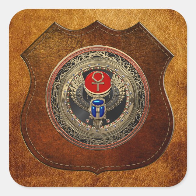[600] Sacred Gold Egyptian Winged Scarab with Ankh Square Sticker (Front)