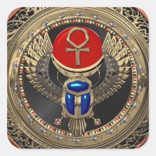 [600] Sacred Gold Egyptian Winged Scarab with Ankh Square Sticker
