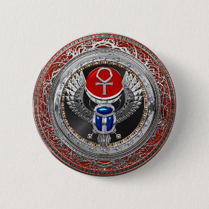 [600] Sacred Silver Egyptian Winged Scarab & Ankh 6 Cm Round Badge