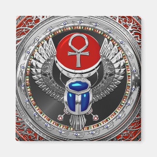 [600] Sacred Silver Egyptian Winged Scarab & Ankh Magnet