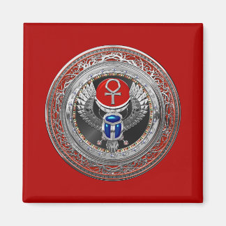[600] Sacred Silver Egyptian Winged Scarab & Ankh Magnet