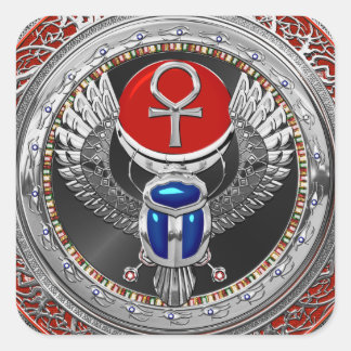 [600] Sacred Silver Egyptian Winged Scarab & Ankh Square Sticker
