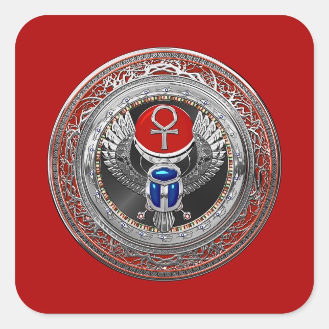[600] Sacred Silver Egyptian Winged Scarab & Ankh Square Sticker (Front)
