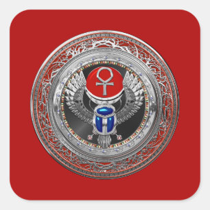 [600] Sacred Silver Egyptian Winged Scarab & Ankh Square Sticker