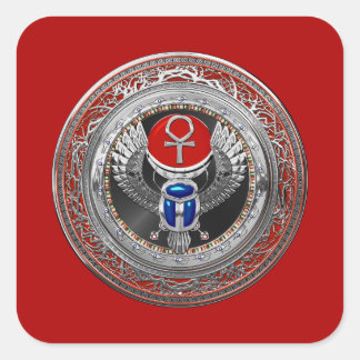 [600] Sacred Silver Egyptian Winged Scarab & Ankh Square Sticker