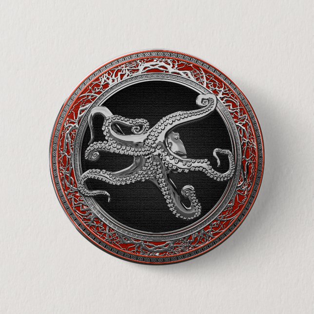 [600] Sacred Silver Octopus in Defensive Posture 6 Cm Round Badge (Front)