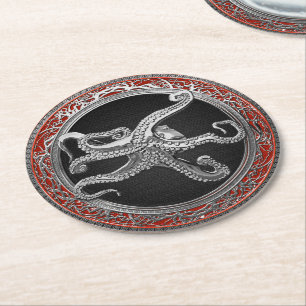 [600] Sacred Silver Octopus in Defensive Posture Round Paper Coaster