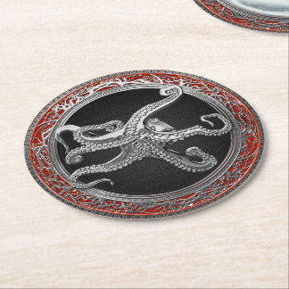 [600] Sacred Silver Octopus in Defensive Posture Round Paper Coaster