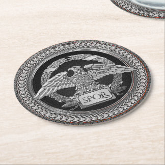 [600] Silver Roman Imperial Eagle over Medallion Round Paper Coaster