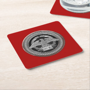 [600] Silver Roman Imperial Eagle over Medallion Square Paper Coaster