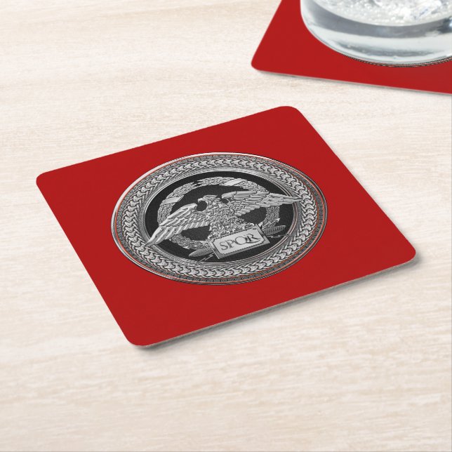 [600] Silver Roman Imperial Eagle over Medallion Square Paper Coaster (Angled)