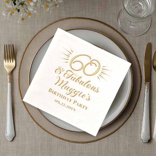 60 and Fabulous 60th Starburst Birthday Party Foil Napkins (Elegant "60 and Fabulous" 60th Birthday Party Stamped Foil Napkins)