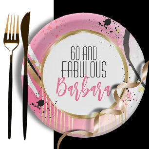 60 and Fabulous Abstract Modern Pink Black Gold  Paper Plate