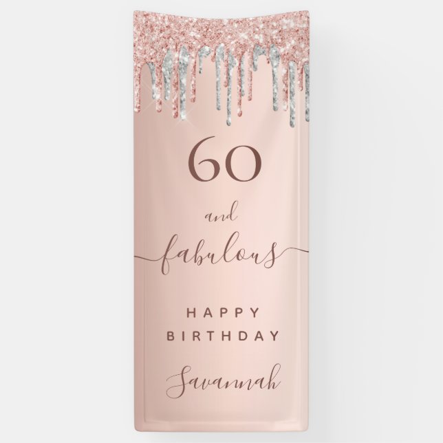60 and Fabulous birthday glitter rose gold silver Banner (Vertical)