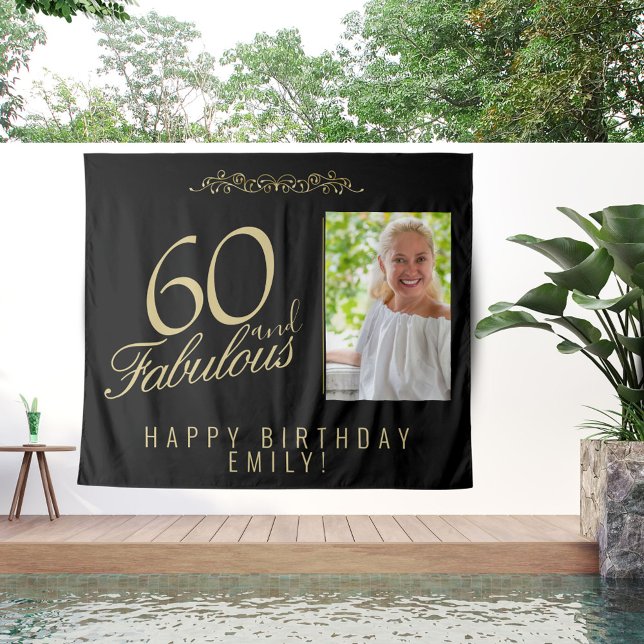 60 and Fabulous Birthday Photo Black Backdrop Tapestry (Creator Uploaded)
