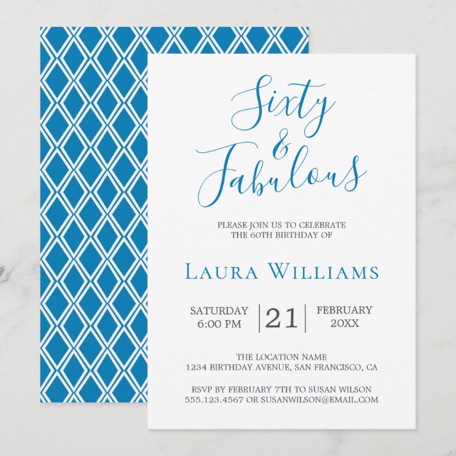 60 and Fabulous Blue White 60th Birthday Party Invitation (Front/Back)