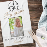 60 and Fabulous Elegant 60th Birthday Photo Tea Towel<br><div class="desc">60 and Fabulous Elegant 60th Birthday Photo kitchen towel. Elegant script in black and golden colours. Add your name and photo.</div>