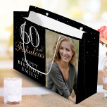 60 and Fabulous Elegant Black 60th Birthday Photo Large Gift Bag<br><div class="desc">60 and Fabulous Elegant Black 60th Birthday Photo Gift Bag. 60 and fabulous text in trendy script with a name on a black background. Personalise it with your photo,  name and age. It`s a great personalised photo gift bag for a woman`s birthday.</div>