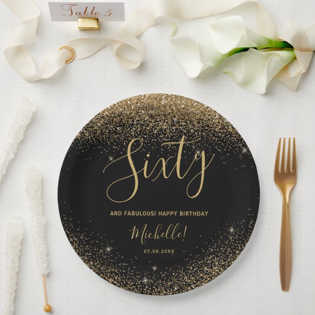 60 And Fabulous Elegant Black Gold Birthday Party Paper Plate (Wedding)