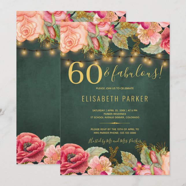 60 and fabulous floral elegant 60th birthday party invitation (Front/Back)