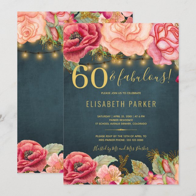60 and fabulous floral elegant 60th birthday party invitation (Front/Back)